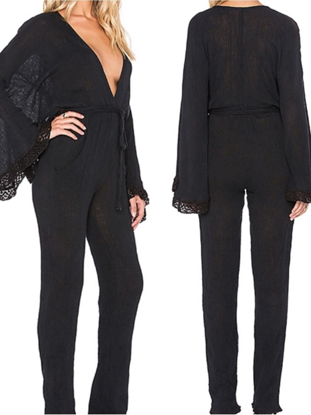 JEN’S PIRATE BOOTY Kimono Crochet Batwing Belted Jumpsuit Romper
